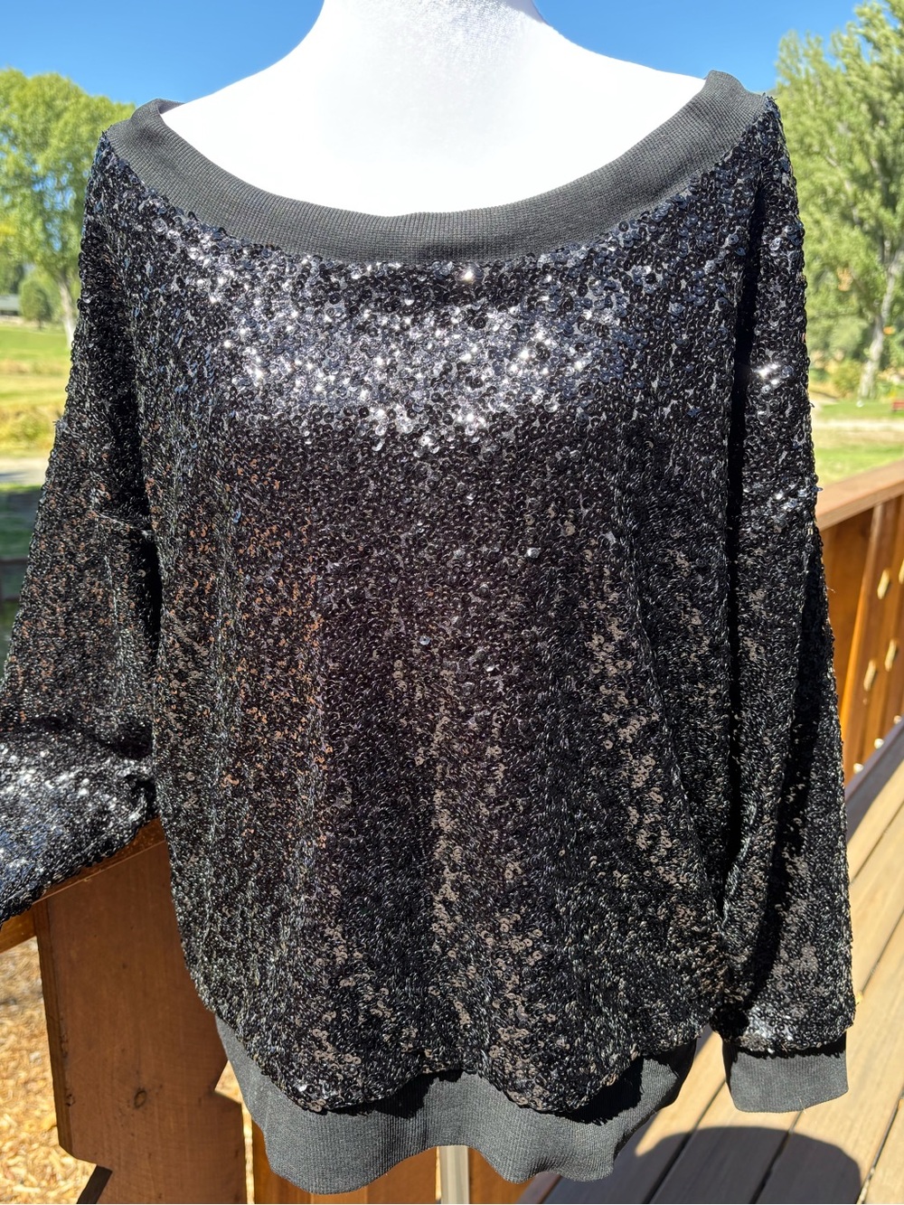Black Sequin adjustable Boatneck women’s Top with drawstring neck line